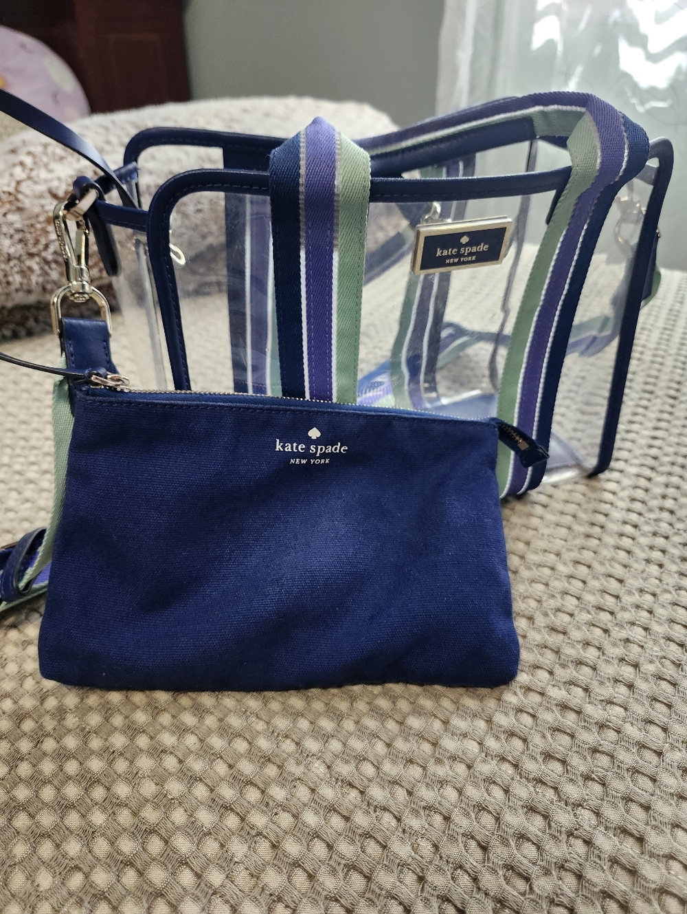 kate spade Clear Navy & Mint Striped Crossbody Tote